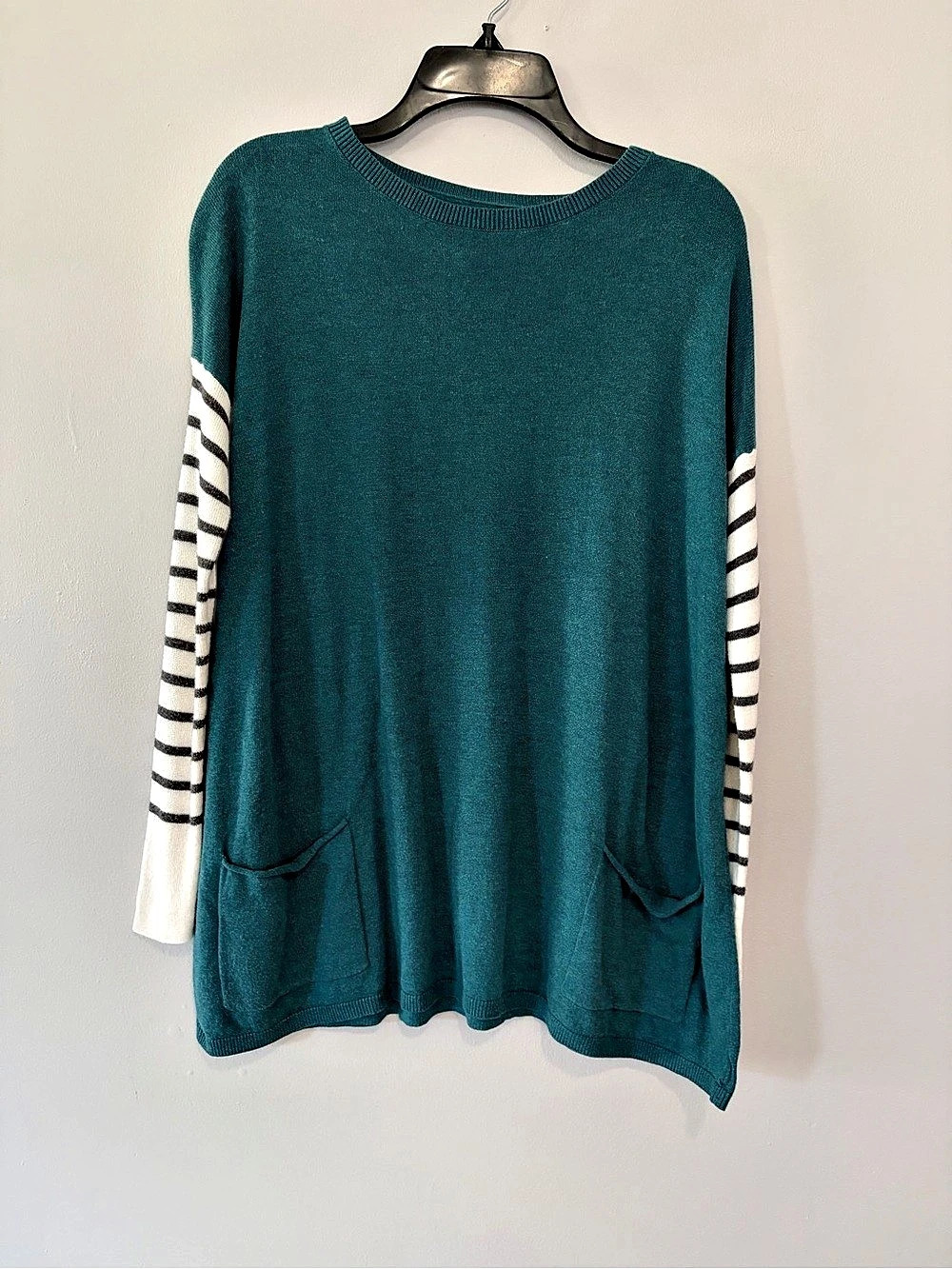 Matilda Jane Corrie Long Stripe Sleeve Tunic Pocket Sweater Teal Small